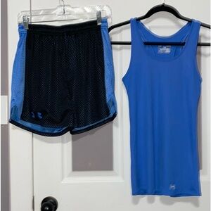 UNDER ARMOUR BLACK AND BLUE MESH SHORTS WITH MATCHING TANK TOP.